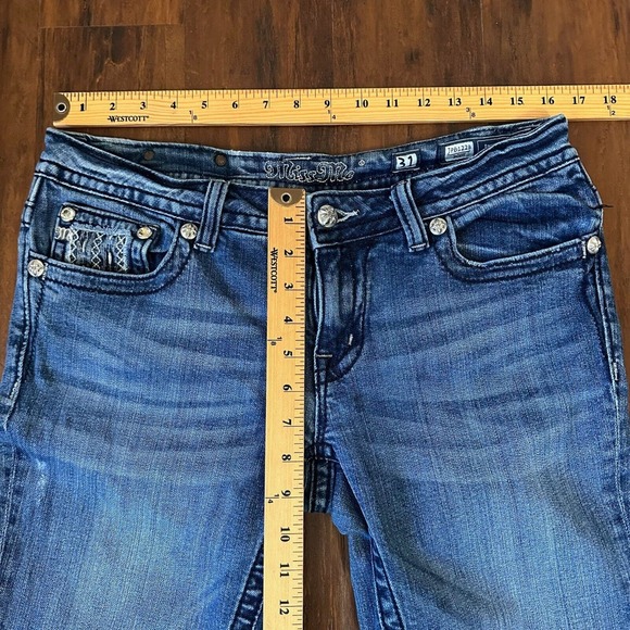 MISS ME Distressed Bootcut Jeans w Flap Pockets Rhinestone Gems #JP6122B - Picture 15 of 16